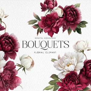 Watercolor peony bouquet clipart set with burgundy and cream flowers