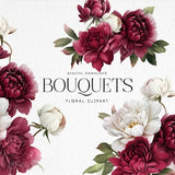 Floral bouquets clipart, Burgundy flowers png, Watercolor Peonies Clipart, Printable sublimation designs, Digital clipart PNG