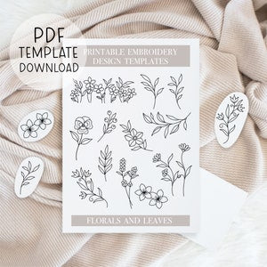 Printable embroidery pattern PDF sheet with floral and leaf motifs for hand stitching