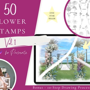 Procreate flower stamp set cover with botanical illustrations and on-screen drawing