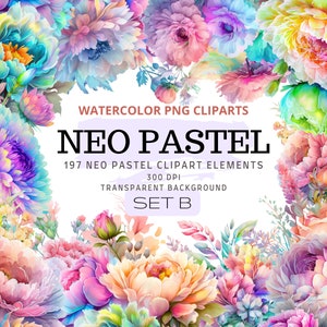 Neon pastel watercolor floral clipart set with pastel flowers and bouquets