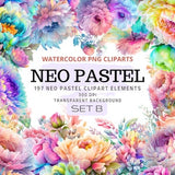 197 Neon Pastel Flowers PNG, Watercolor Floral Clipart Bouquets, Elements, Commercial Use, Digital Clipart PNG