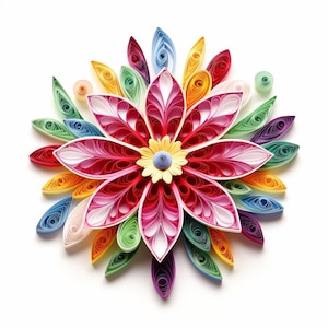 Colorful quilling paper flower clip art, layered teardrop petals in pink, blue, yellow