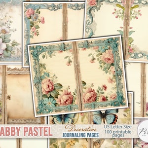 Decorative floral junk journal pages with teal frames and vintage flower illustrations