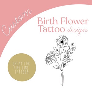 Birth flower tattoo design with fine-line bouquet and two daisy-style blossoms on one stem