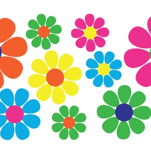 Colorful flower power decals with multi-color rosette flowers in pink, orange, blue, and green
