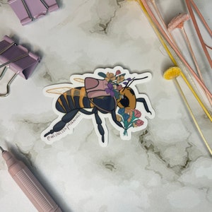 Bee with flowers die-cut sticker, colorful floral details