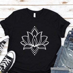 Black crewneck T-shirt with white lotus flower mandala graphic on the chest