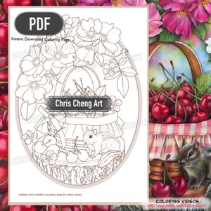 Printable cherry-themed coloring page PDF with detailed outline of cherries and flowers