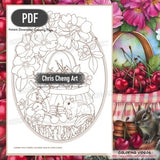 Printable cherry-themed coloring page PDF with detailed outline of cherries and flowers