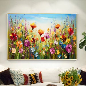 Colorful abstract flower oil painting on canvas with framed rectangular floral landscape
