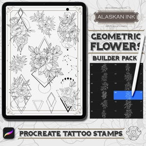 Procreate brush pack with geometric and floral line-art stamp designs for iPad