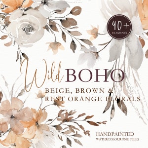 Watercolor wildflower wreath clip art with beige, brown, and rust orange blooms