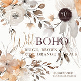 Rust Orange Watercolor Wildflowers, Neutral Fall Watercolor Wildflower clip art, Rustic Fall Summer Floral wedding invite png clip art,