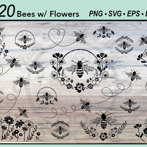 Bee and flower graphic bundle with line-art bumble bees and wildflower wreaths