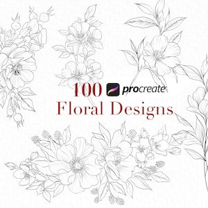 Floral Procreate stamp brush set with detailed garden flowers line drawings