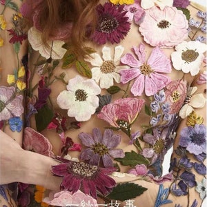 Colorful 3D flower embroidered tulle lace fabric swatch, sheer mesh with floral motifs