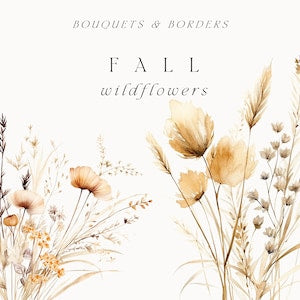 Watercolor fall wildflowers clipart with floral border and 'FALL wildflowers' text