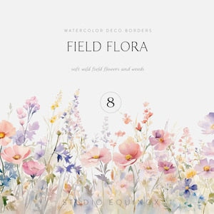 Watercolor field flora floral border with mixed wildflowers in soft pastel colors