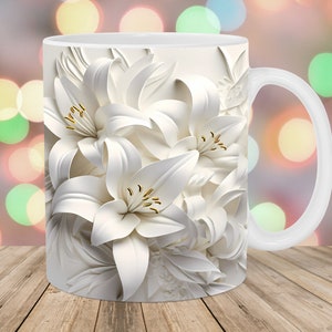 3D white lilies flowers mug wrap design with gold centers and visible mug handle