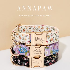 Floral dog collar with engraved name tags and metal buckle, adjustable strap
