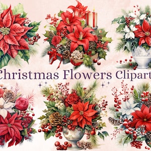 Watercolor Christmas flower clipart bundle with red poinsettias, roses, and pine cones