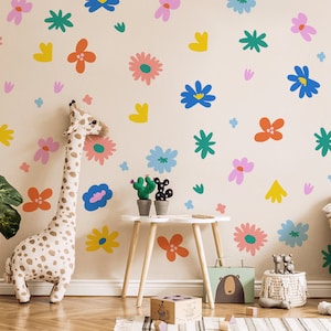 Colorful meadow floral wall stickers with butterflies and flowers in scattered pattern