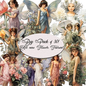 Flower fairy clipart collage with multiple winged girls and daisies, digital download