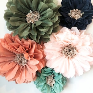 Set of 5 large layered paper flowers in green, coral, blush, teal, and navy