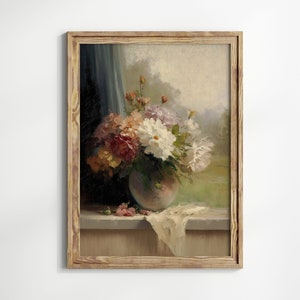 Framed vase floral painting with spring bouquet in muted cream, red, and green