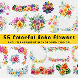 55 Boho Colorful Flowers PNG, Pastel Flower PNG, Colorful Watercolor Floral Clipart Bouquets, Elements, Commercial Use, Digital clipart PNG