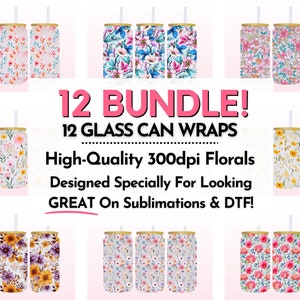 Seamless floral glass can wrap bundle with colorful flower pattern, designed for 16oz tumblers