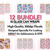Seamless Flowers Glass Can Wrap Bundle, 16oz Glass Can Tumbler Sublimation Design, Glass Jar Floral Digital Download PNG, UV DTF Libbey