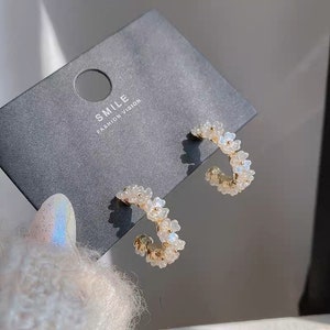 White pearl flower dangle earrings with small hoop bases