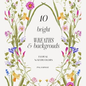 Watercolor wildflower wreath frame with mixed spring blossoms, circular border of floral stems