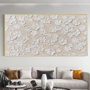 Abstract Flower Oil Painting On Canvas, Large Wall Art, Minimalist White Floral Art, Custom Painting Neutral Living Room Decor Gift for Her
