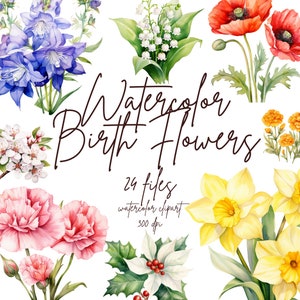 Watercolor birth flower bouquet clipart set, assorted flowers and greenery