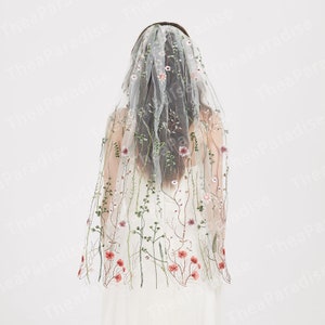 Embroidered floral bridal veil with sheer tulle and colorful wildflower details