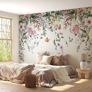 Boho floral wall mural wallpaper with hanging flowers, leaves, and butterflies, full wall