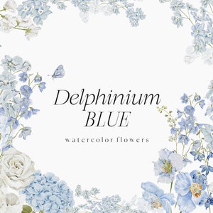Watercolor floral border clipart with blue delphinium, roses, and hydrangea flowers
