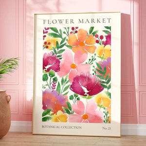 Watercolor flower market wall art print with vibrant pink, orange, and green blooms