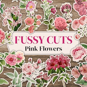 Pink flower fussy-cut ephemera pieces with botanical leaves for junk journal pages