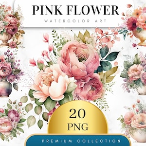 Watercolor pink flower arrangement set with 20 PNG badge and scattered blooms