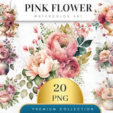 Set of 20, Watercolor Pink Flower Arrangement, Floral PNG, Floral Clipart, Wedding Clipart, Spring Clipart, Watercolor Flower, Digital PNG