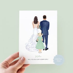Personalized flower girl proposal card with couple and child illustration, “Will you be our flower girl?”