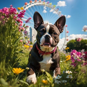 Boston Terrier dog portrait in a flower field, smiling with ears up and collar