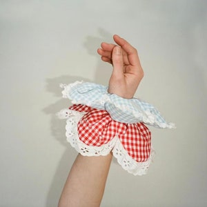 Red and white gingham lace flower scrunchie with scalloped edge
