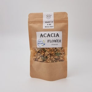 Dried acacia flower herbal tea in a kraft stand-up pouch