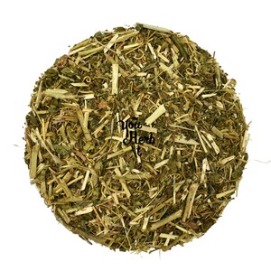 Dried loose passionflower stems and leaves herbal tea, green and tan plant pieces