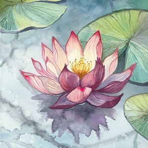 Watercolor lotus flower print with pink petals, yellow center, and green leaves